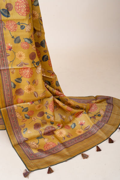 Mustard Kalamkari Pure Tussar Saree