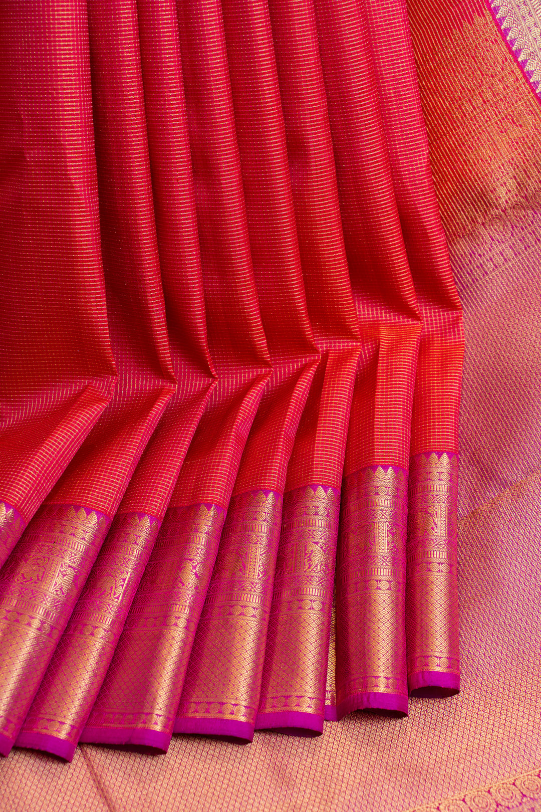 Magenta pink zari checks pure silk saree