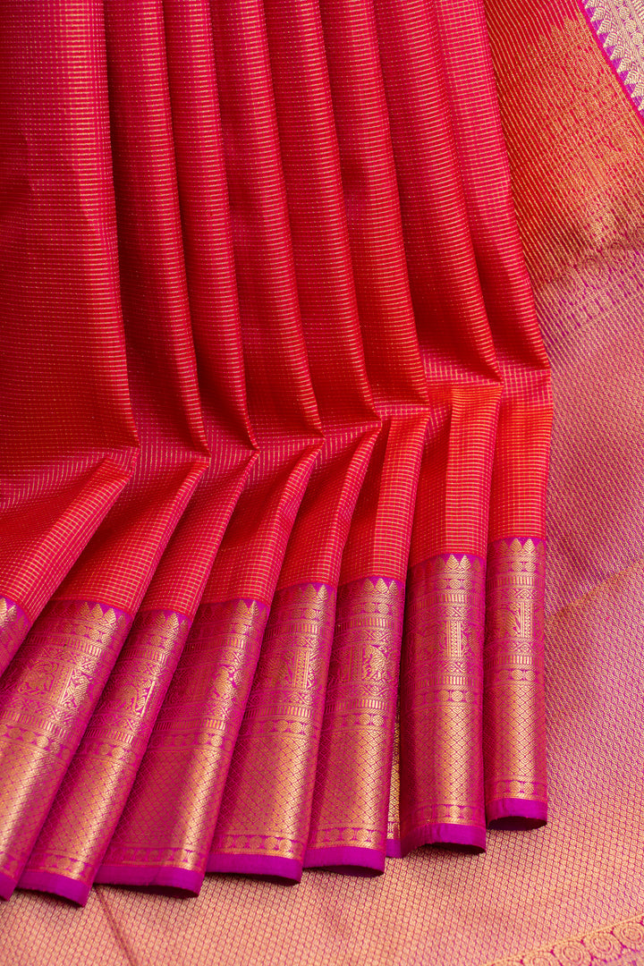 Magenta pink zari checks pure silk saree