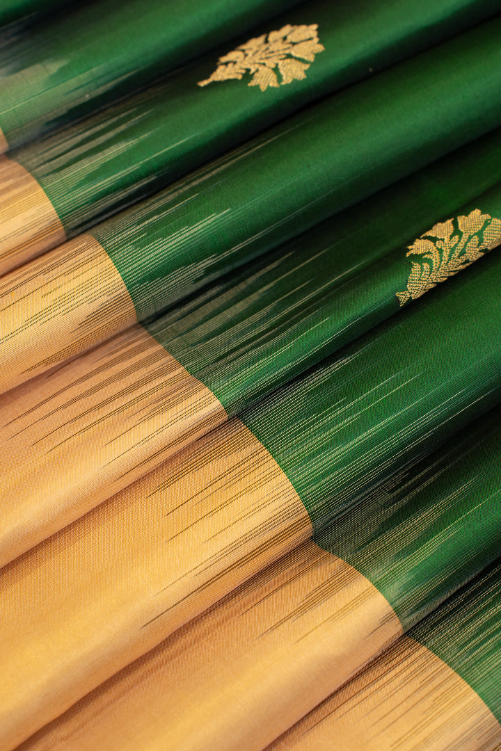 Emerald green and beige pure soft silk saree