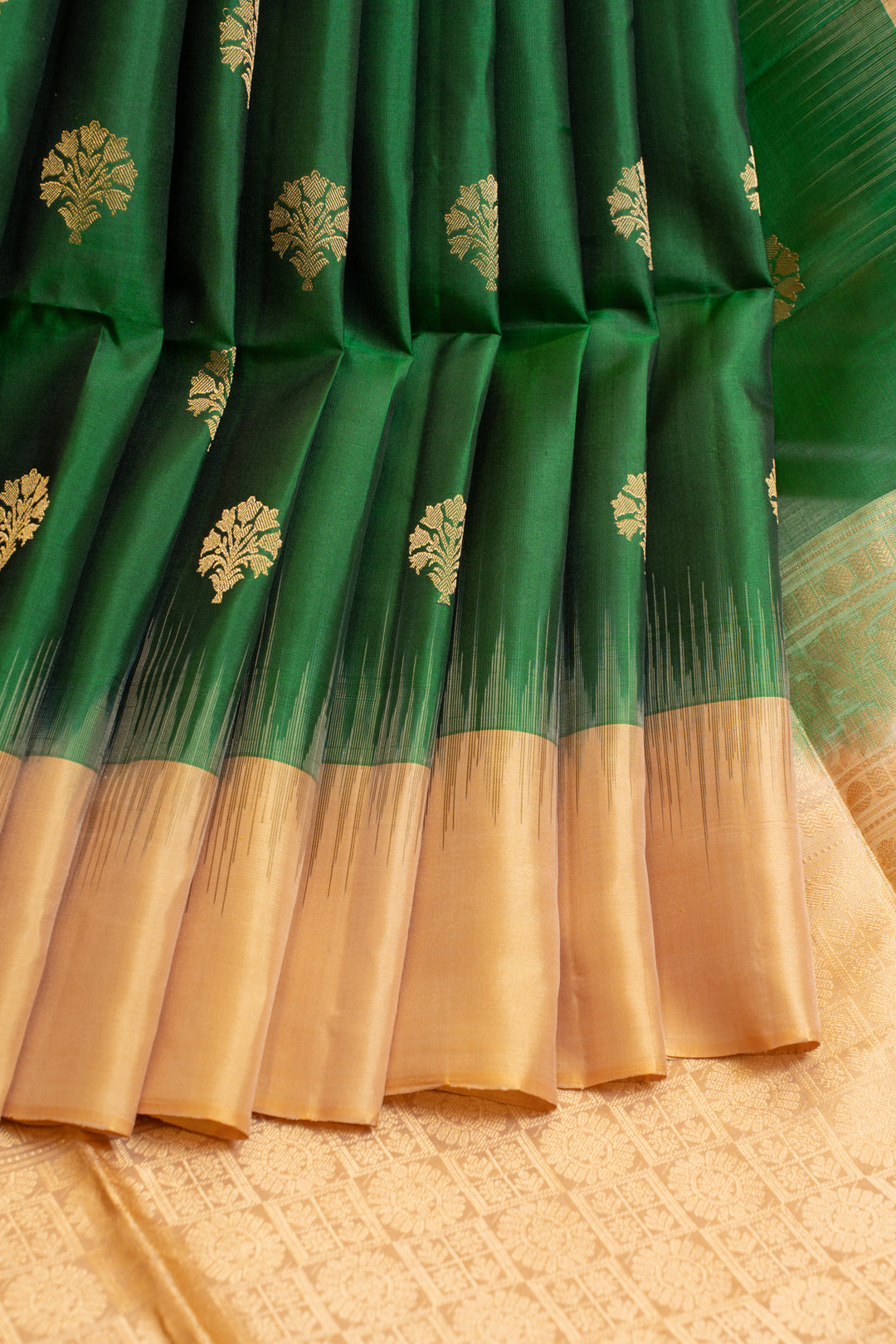 Emerald green and beige pure soft silk saree