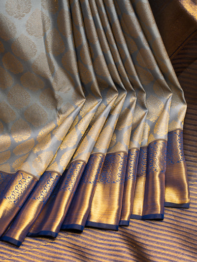 Bluish Grey Brocade Pure Kanchipuram Silk Saree