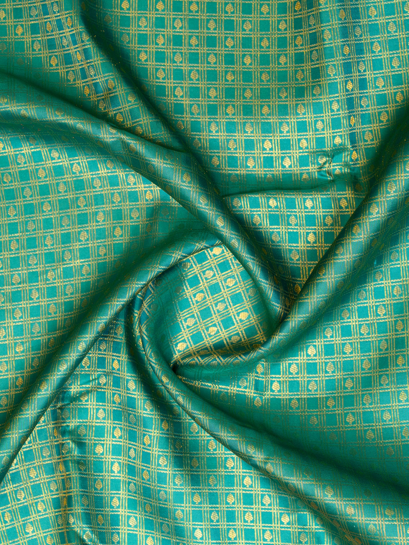 Turquoise Blue and Peach Brocade Pure Kanchipuram Silk Saree