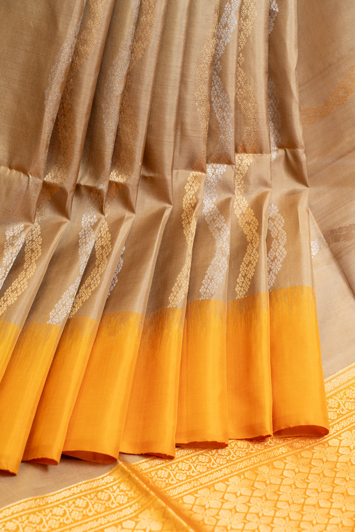Beige and yellow ornamental&nbsp;Stripes pure soft silk saree