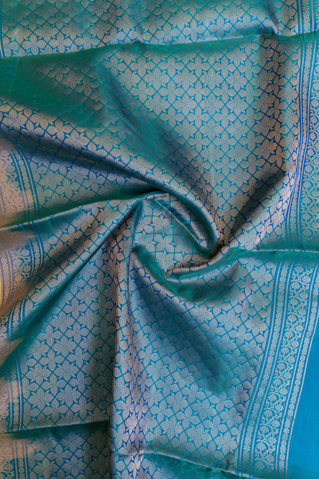 Beige and peacock blue ornamental stripes pure soft silk saree