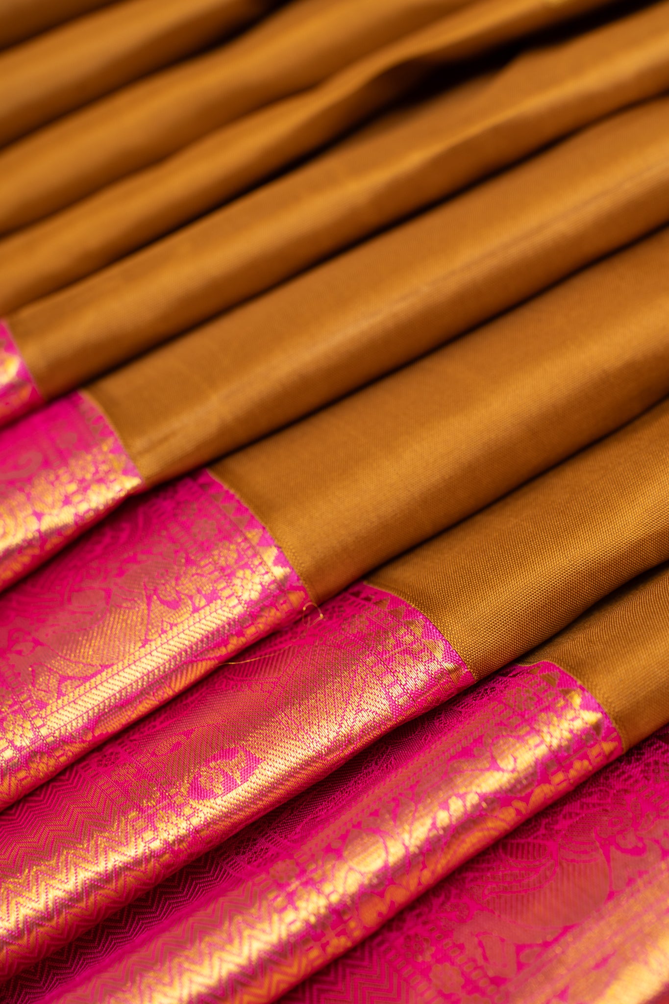 Khaki gold and Rani pink traditional pure Kanchipuram silk saree