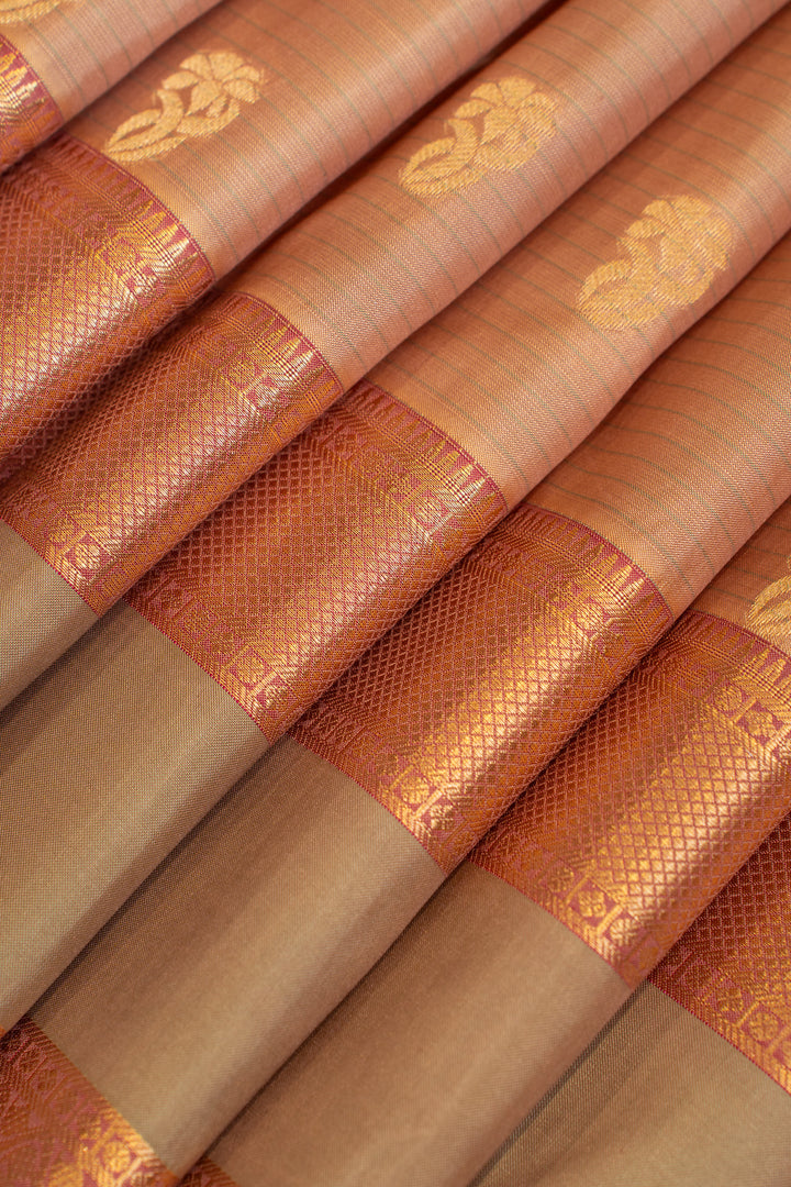 Beige and lilac stripes pure Kanchipuram silk saree