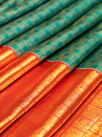 Turquoise Blue and Peach Brocade Pure Kanchipuram Silk Saree