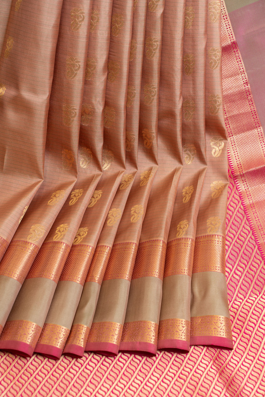 Beige and lilac stripes pure Kanchipuram silk saree