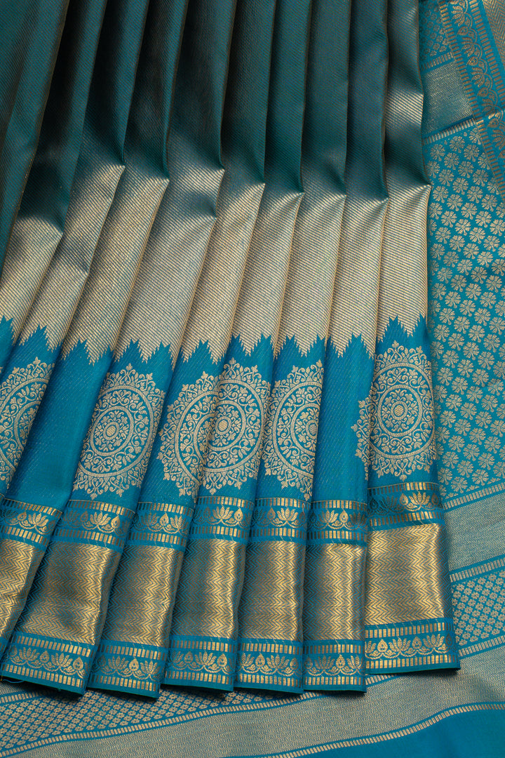 Peacock Blue Brocade Pure Kanchipuram Silk Saree