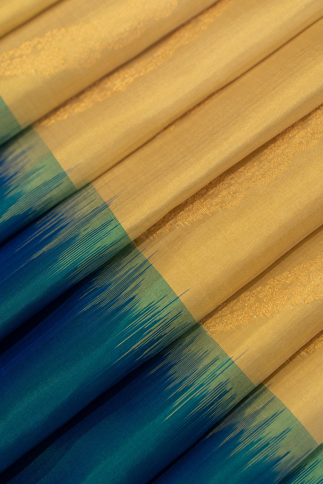 Beige and peacock blue ornamental stripes pure soft silk saree