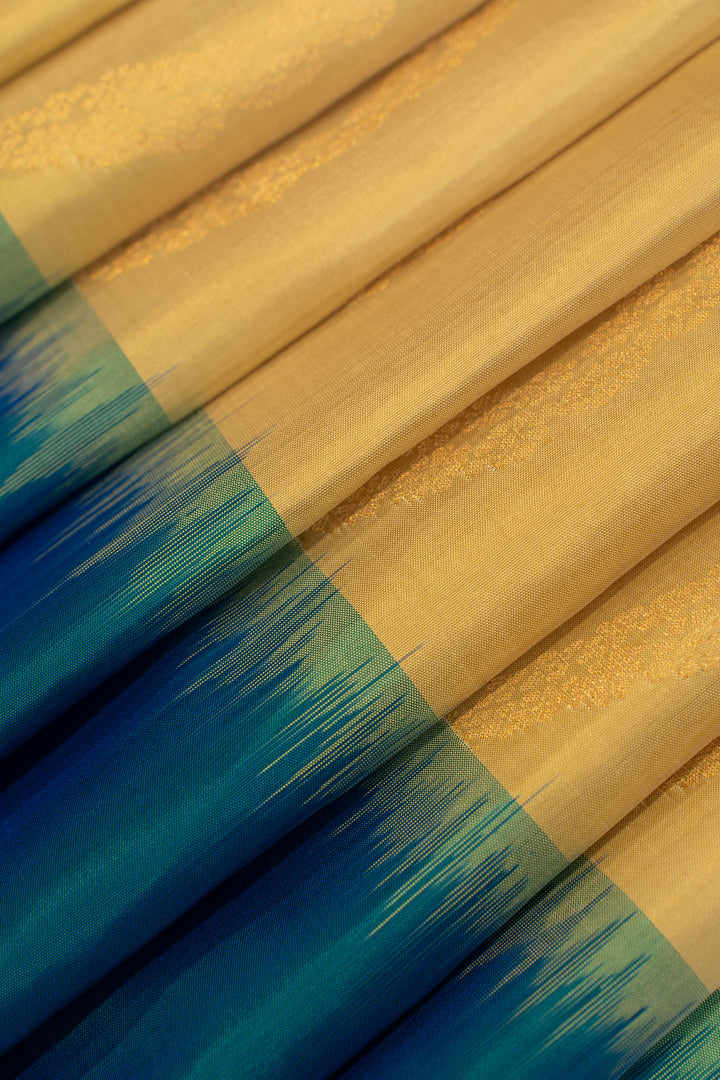 Beige and peacock blue ornamental stripes pure soft silk saree