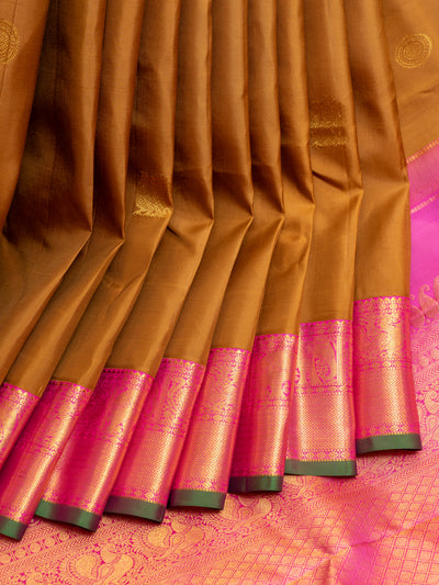 Khaki gold and Rani pink traditional pure Kanchipuram silk saree