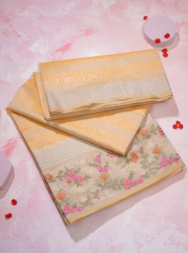 Pastel Yellow Stripes Designer Banaras Cotton Saree - Clio Silks