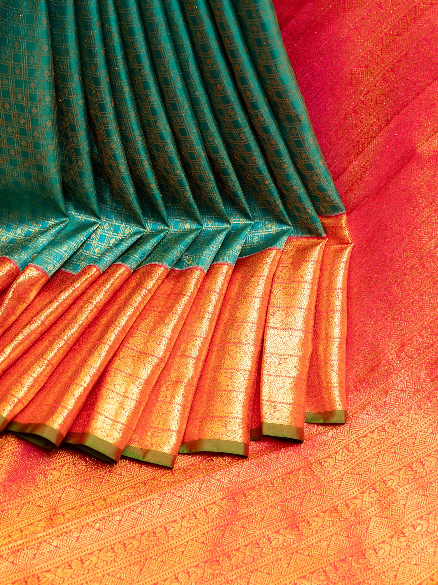 Turquoise Blue and Peach Brocade Pure Kanchipuram Silk Saree