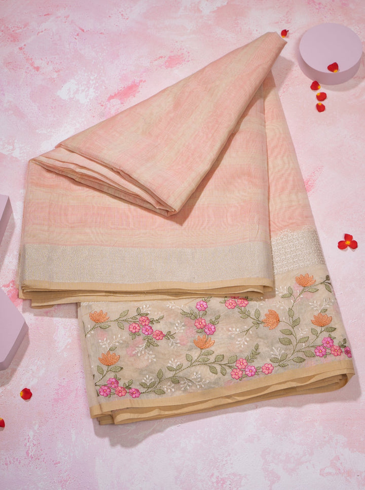 Peach and Beige Stripes Designer Banaras Fancy Cotton Saree - Clio Silks