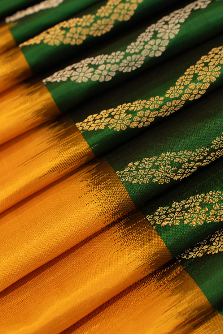 Emerald green and yellow pure soft silk saree