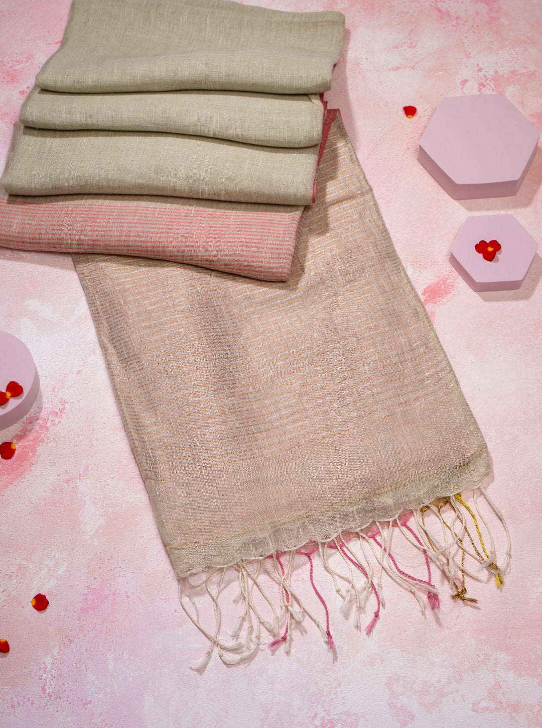 Pastel Green and Pink Pure Linen Designer Saree - Clio Silks