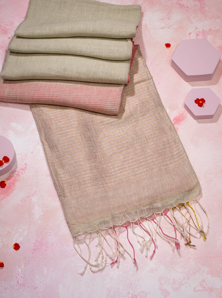 Pastel Green and Pink Pure Linen Designer Saree - Clio Silks