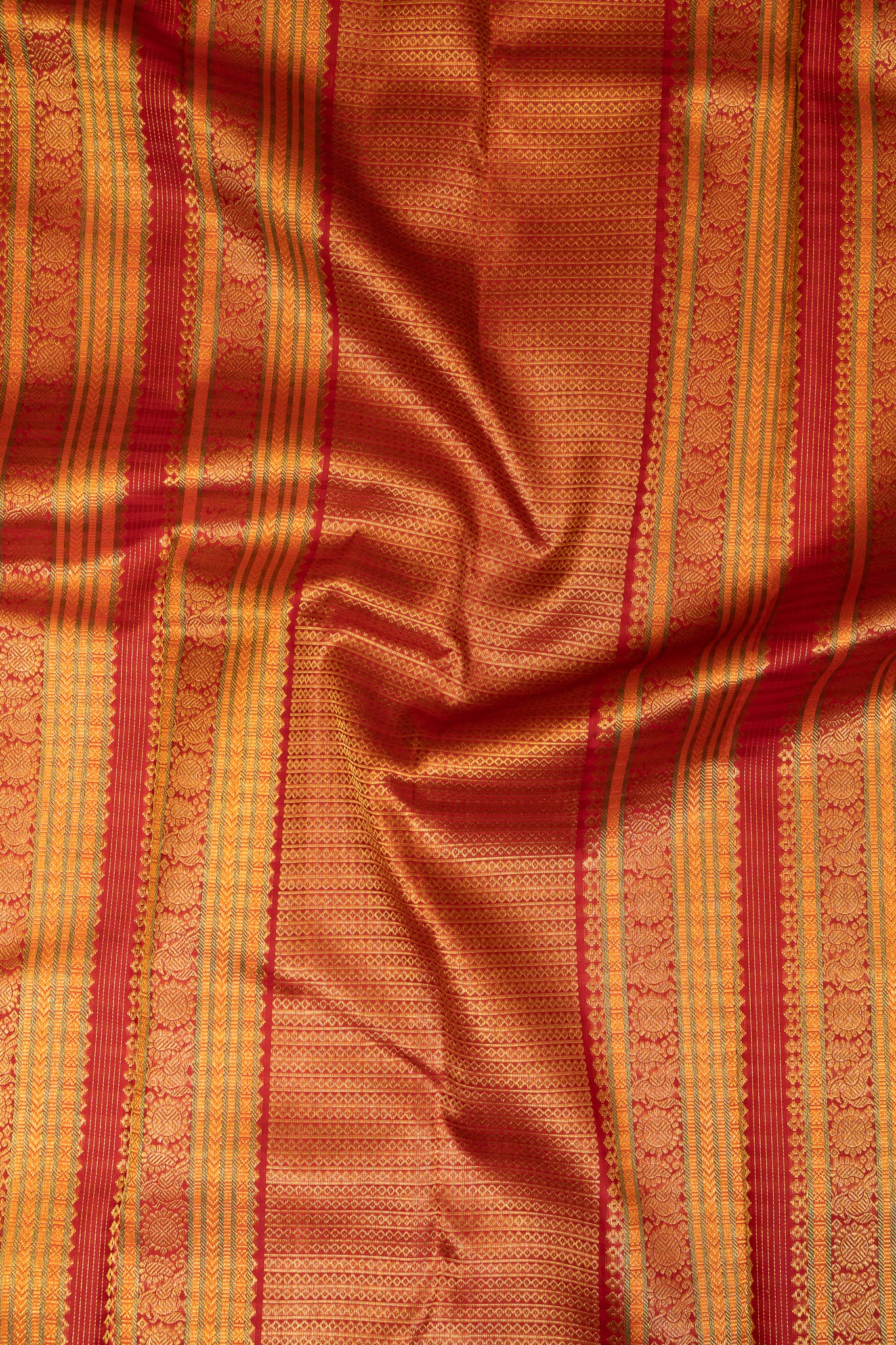 Beige Zari Stripes and Red Rettai Pettu Pure Kanjivaram Silk Sari - Clio Silks