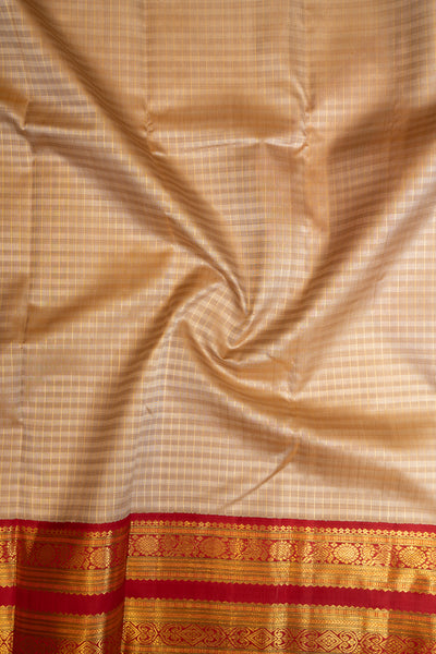 Beige Zari Stripes and Red Rettai Pettu Pure Kanjivaram Silk Sari - Clio Silks