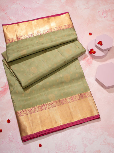 Elaichi Green and Magenta 1000 Butta Pure Soft Silk Sari - Clio Silks