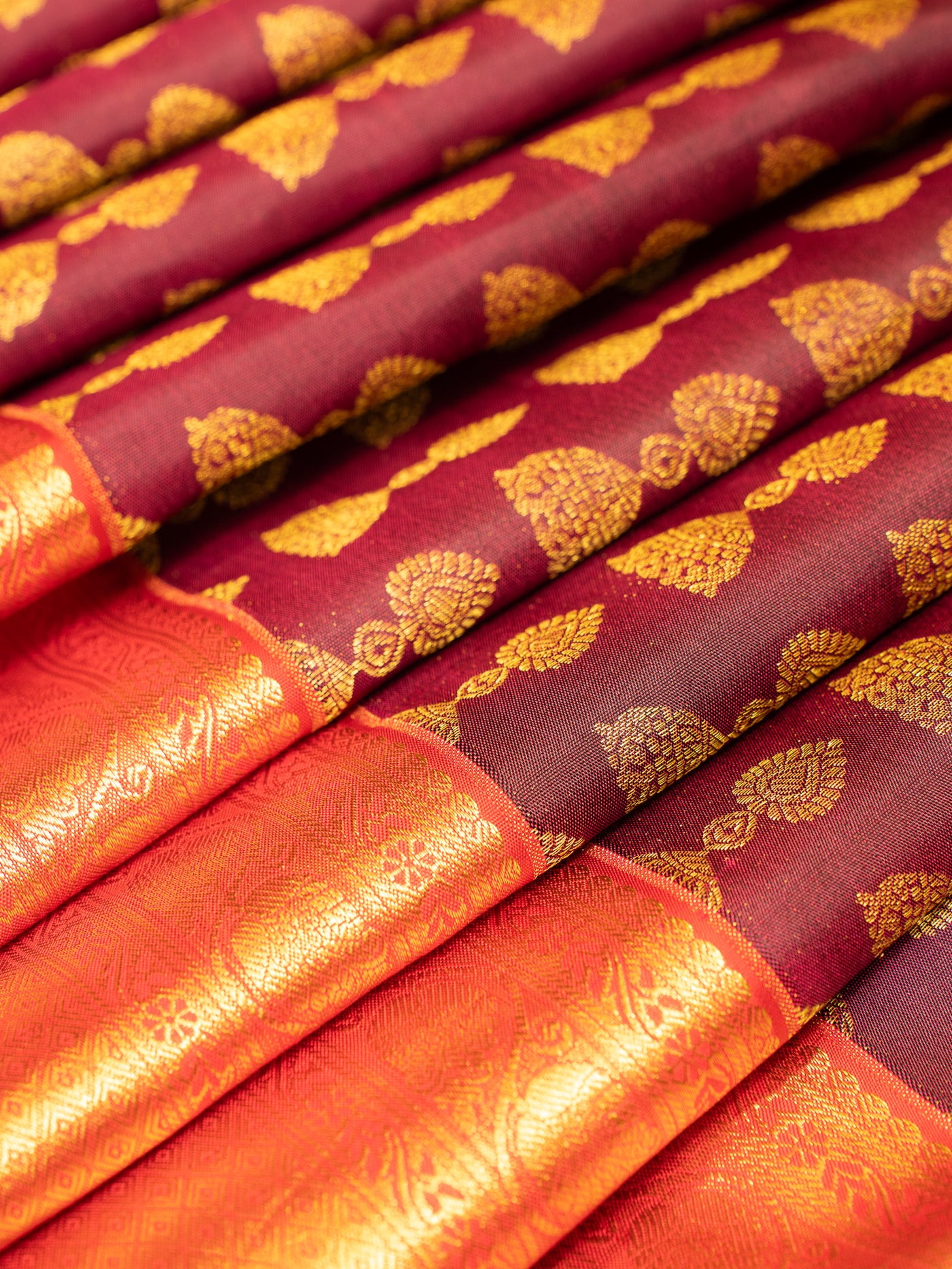 Maroon and Peach Pure Kanchipuram Silk Saree