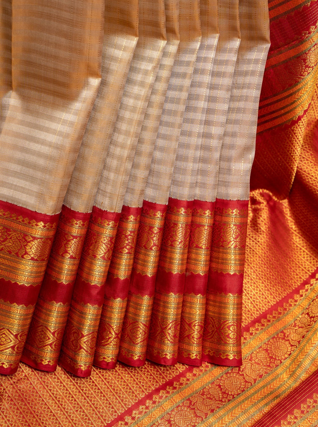 Beige Zari Stripes and Red Rettai Pettu Pure Kanjivaram Silk Sari - Clio Silks
