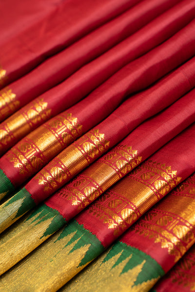 Crimson red and green ettu kol pure zari Kanchipuram silk saree