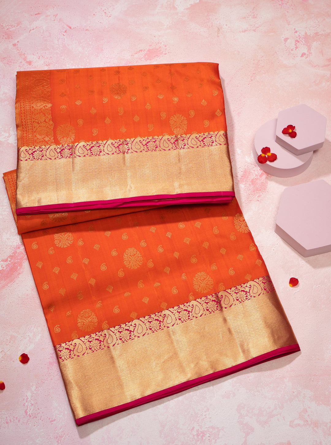 Orange and Magenta 1000 butta Pure Soft Silk Sari - Clio Silks