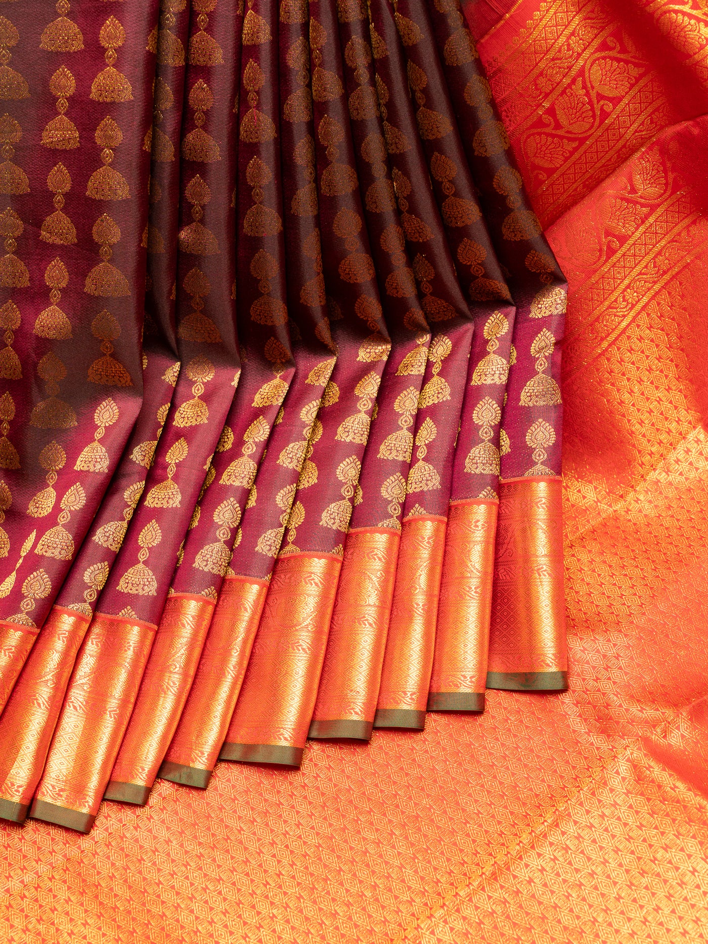 Maroon and Peach Pure Kanchipuram Silk Saree