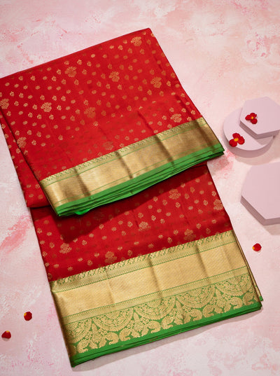 Red and Green 1000 butta Pure Soft Silk Sari - Clio Silks