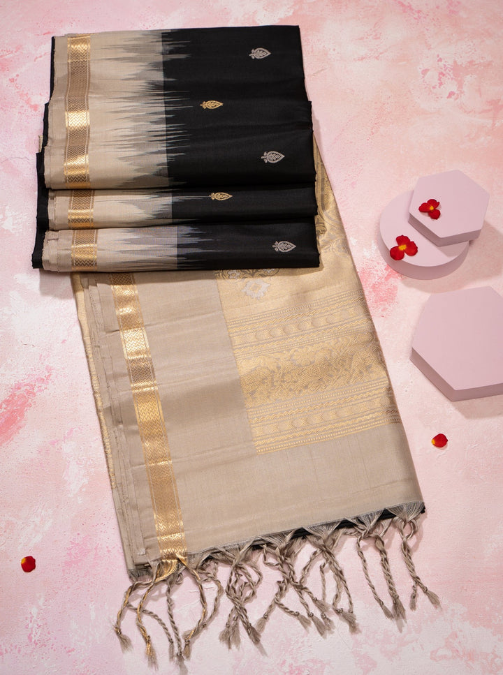 Black and Sandcastle Beige Pure Soft Silk Sari - Clio Silks
