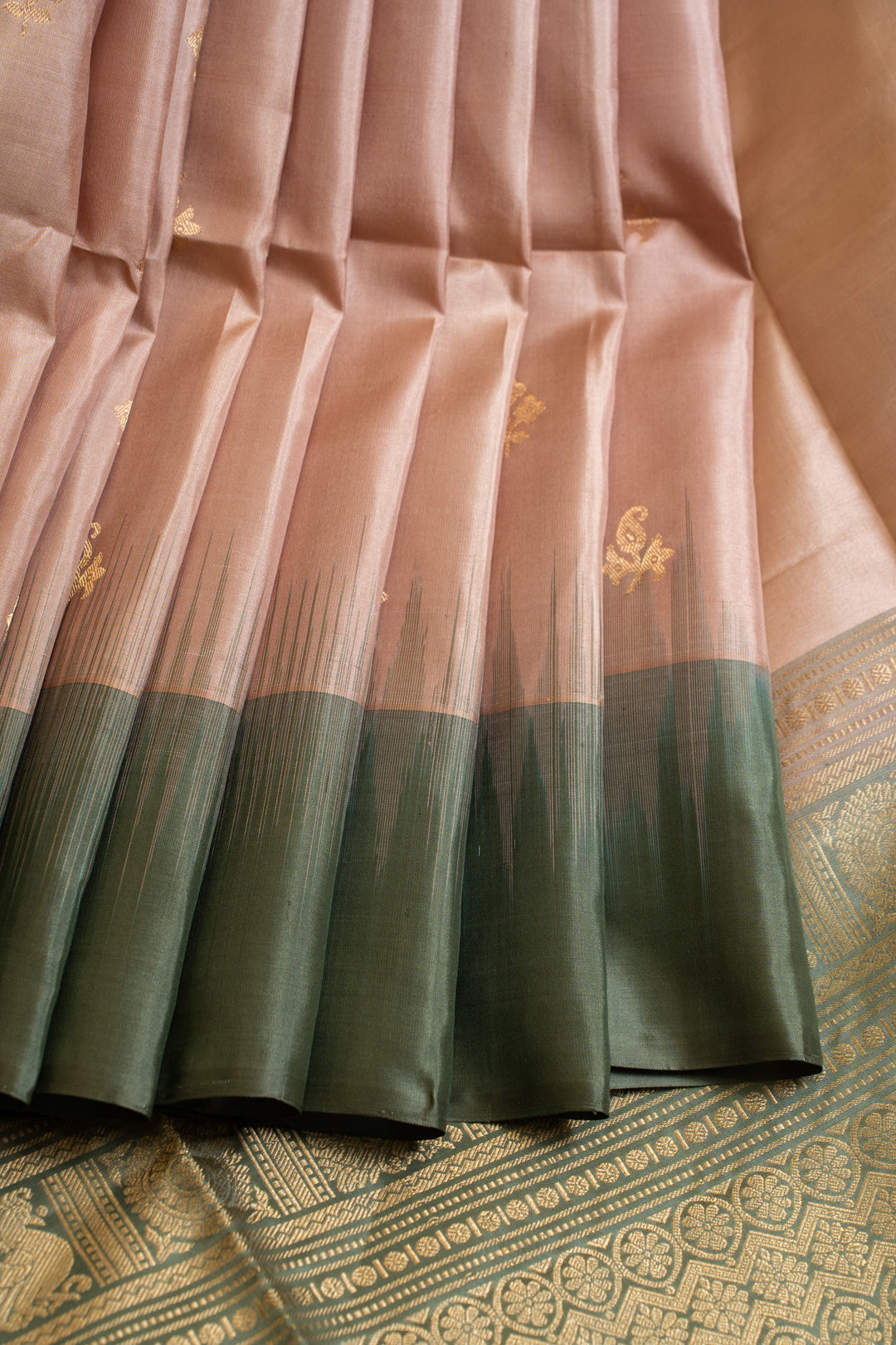 Dusty pink and green pure soft silk saree