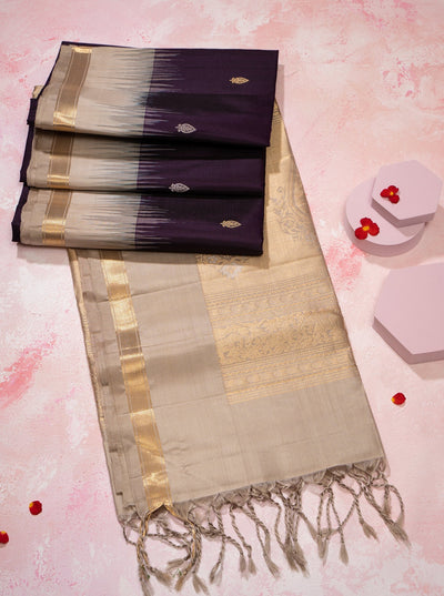 Purple and Beige Pure Soft Silk Sari - Clio Silks