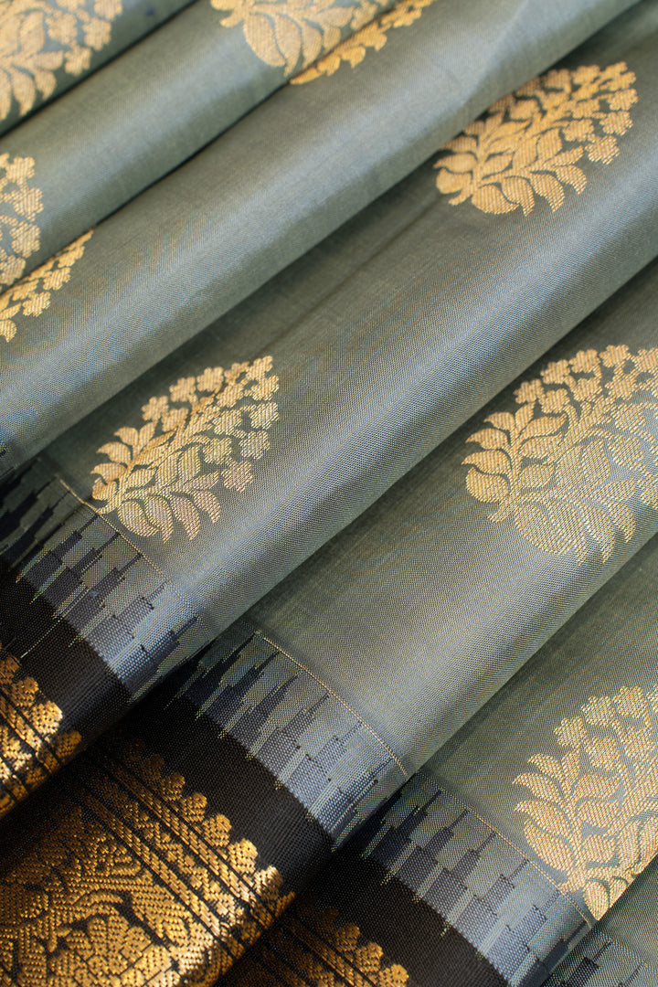 Grey and black traditional pure Kanchipuram silk saree