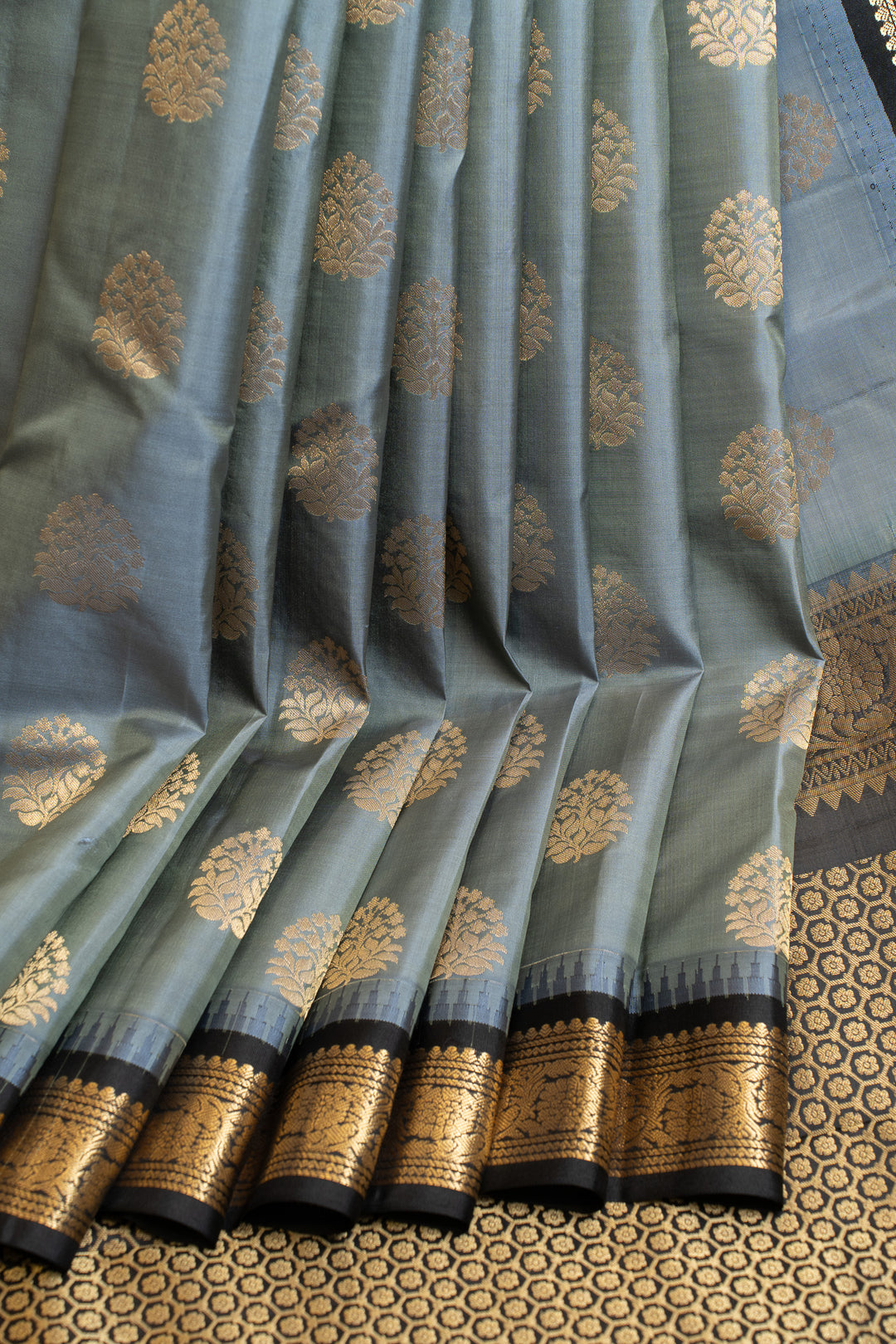 Grey and black traditional pure Kanchipuram silk saree