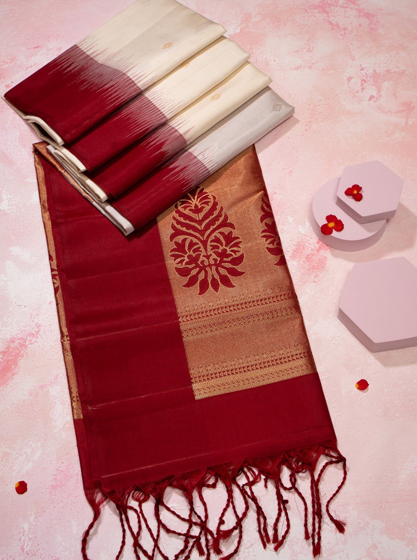Ivory and Ruby Red Pure Soft Silk Saree