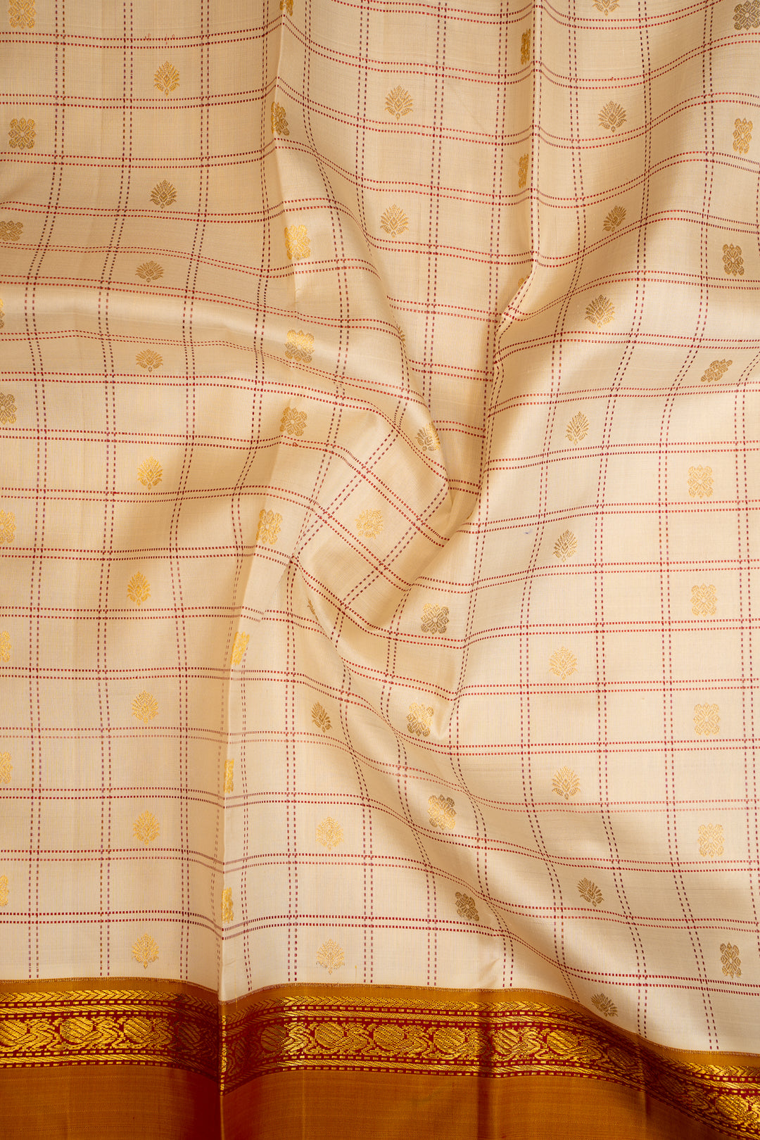 Off White Checks and Mustard Shot Color Rettai Pettu Pure Kanchipuram Silk Saree - Clio Silks