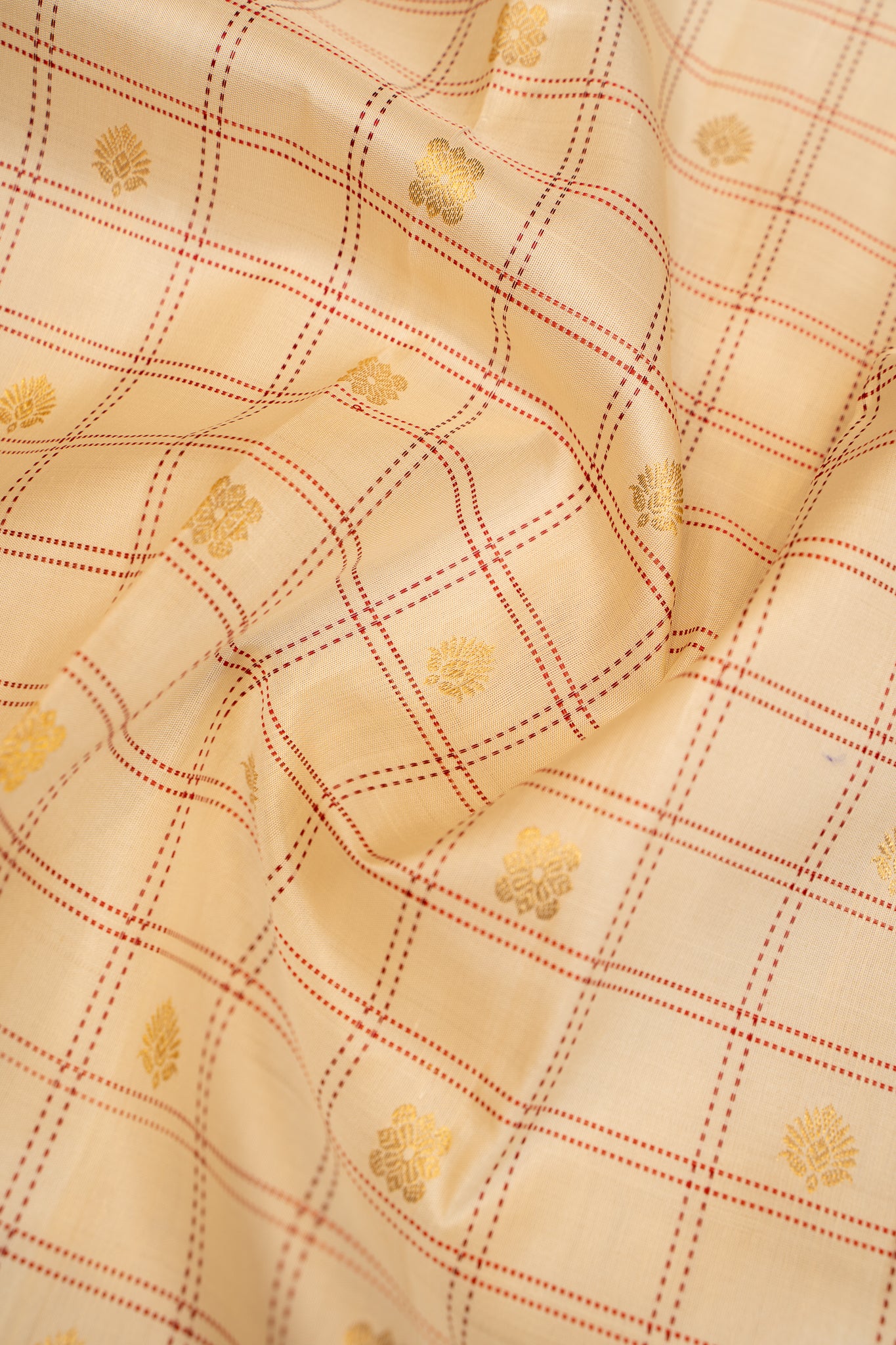 Off White Checks and Mustard Shot Color Rettai Pettu Pure Kanchipuram Silk Saree - Clio Silks