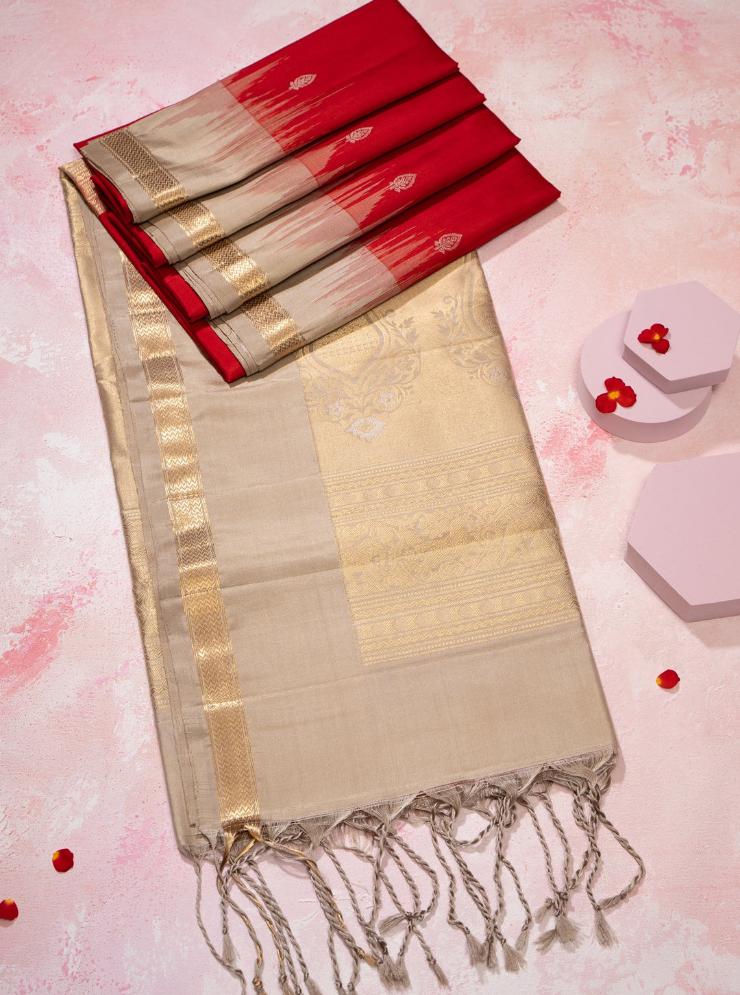 Red and Sandcastle Beige Pure Soft Silk Sari - Clio Silks