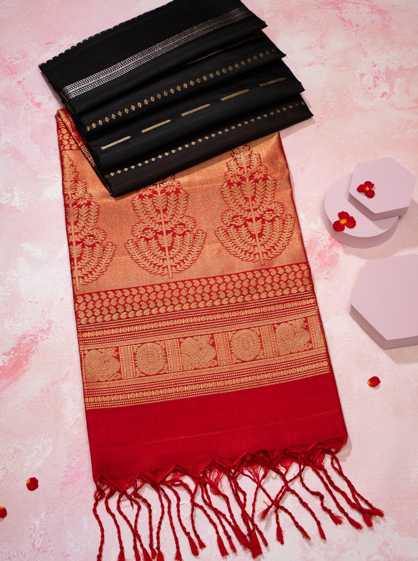 Black and Red Zari Stripes Pure Soft Silk Sari - Clio Silks