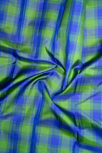 Blue and Green Multi Checks Pure Kanchipuram Silk Saree - Clio Silks