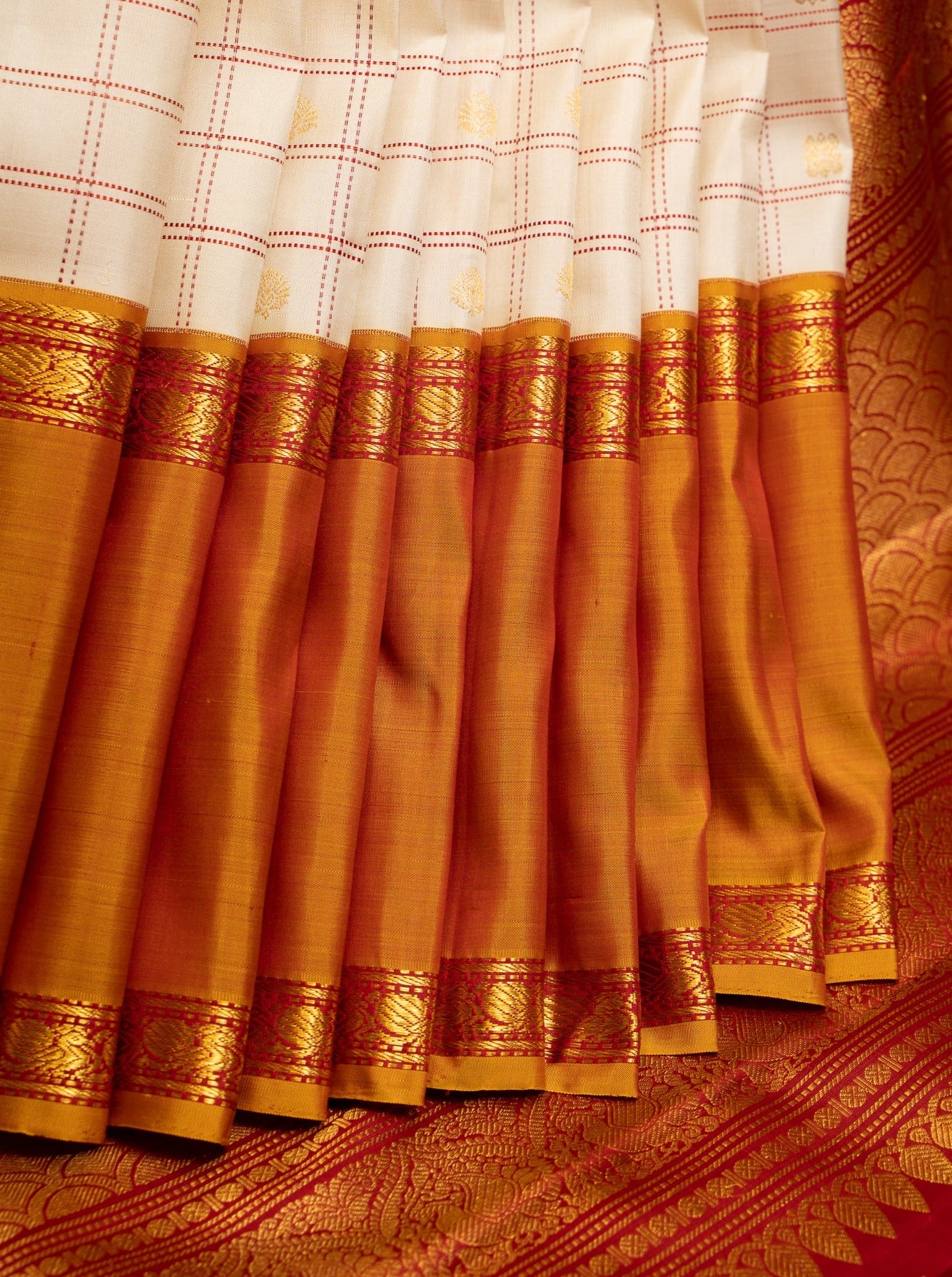 Off White Checks and Mustard Shot Color Rettai Pettu Pure Kanchipuram Silk Saree - Clio Silks