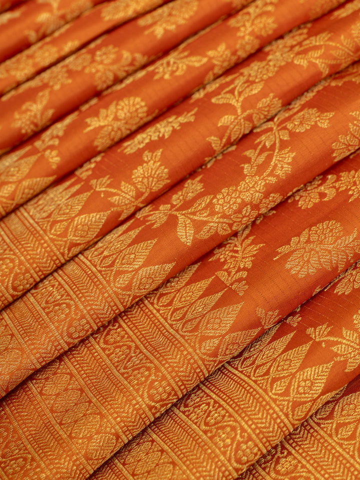 Rust orange floral brocade pure Kanchipuram silk saree