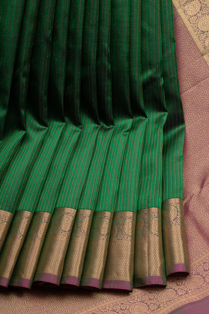 Emerald Green Thread Stripes Pure Kanchipuram Silk Saree