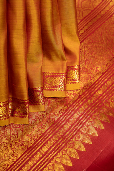 Off White Checks and Mustard Shot Color Rettai Pettu Pure Kanchipuram Silk Saree - Clio Silks