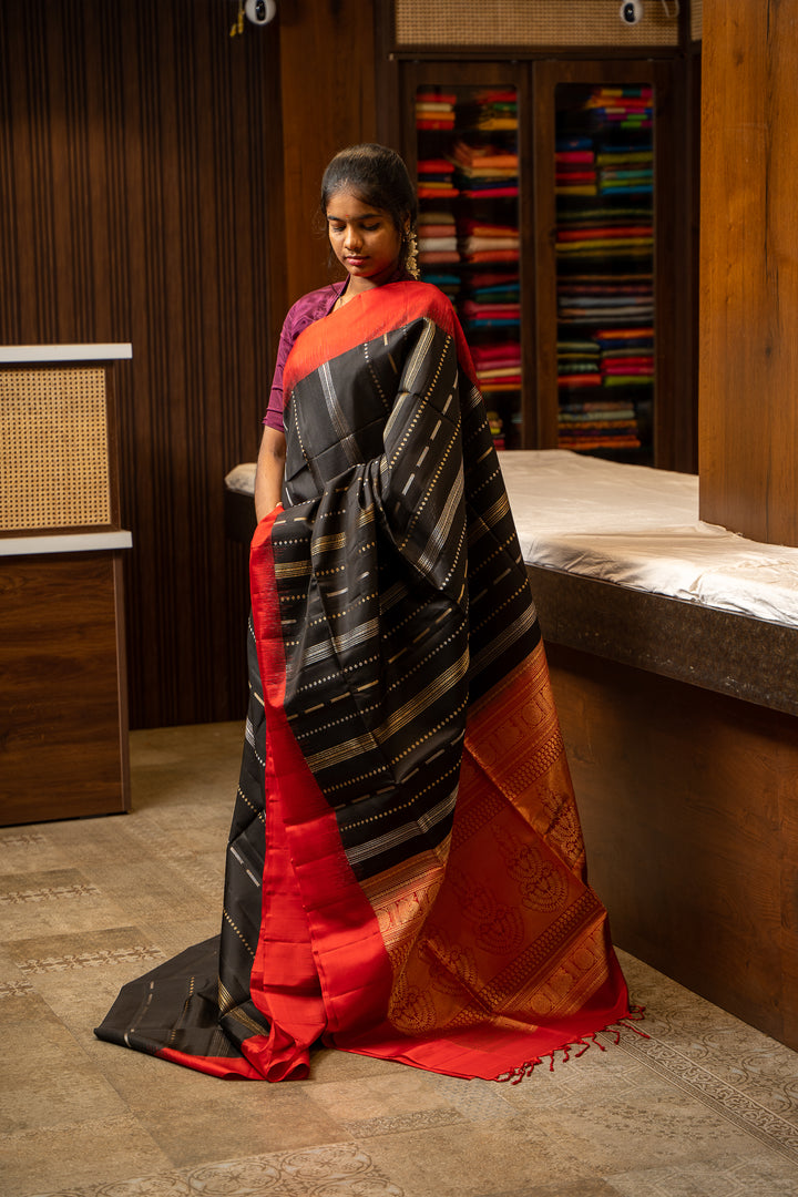 Black and Red Zari Stripes Pure Soft Silk Sari - Clio Silks