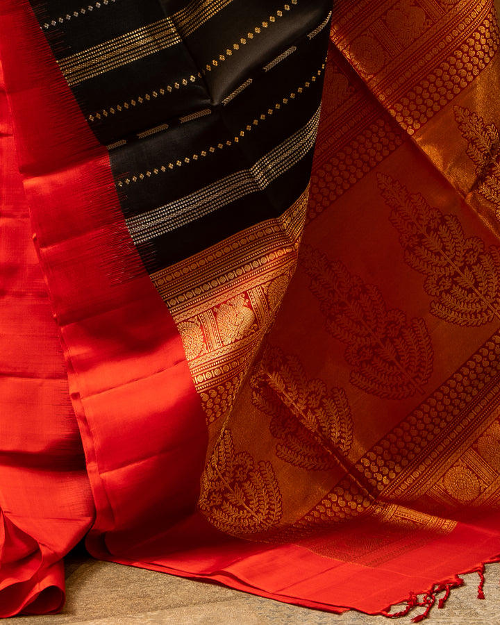 Black and Red Zari Stripes Pure Soft Silk Sari - Clio Silks