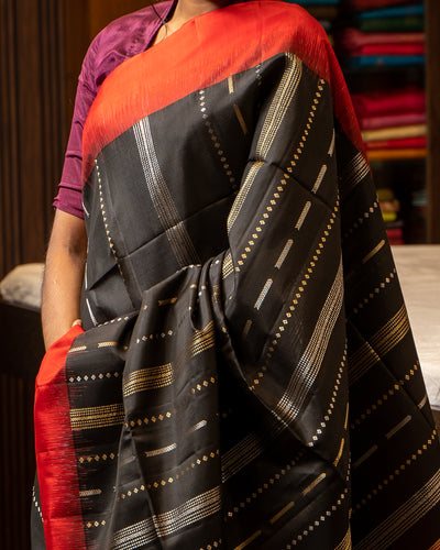 Black and Red Zari Stripes Pure Soft Silk Sari - Clio Silks